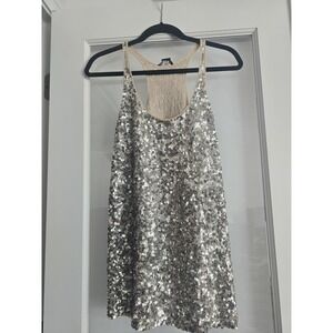 Club Monaco Silk Sequin Mini Dress Tank Silver Lace Party Occasion Medium NYE